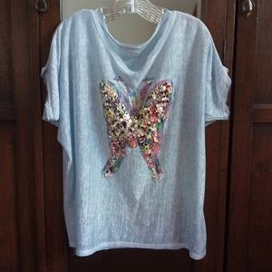 ITALY Boutique Sequin Butterfly Top Silk Linen Knit Short SleeveT-Shirt 1X 2X